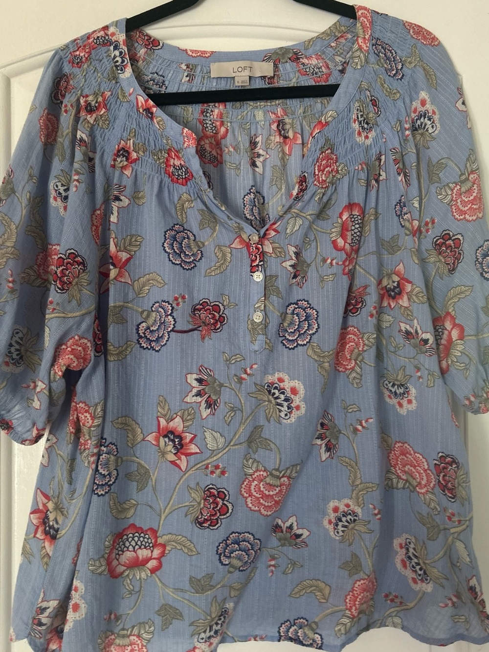 LOFT Blue Floral Henley Blouse